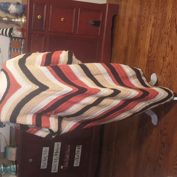 Crochet Long Poncho Multi Color Striped brown/cream/rust Hippie Festival OS - Picture 5 of 12